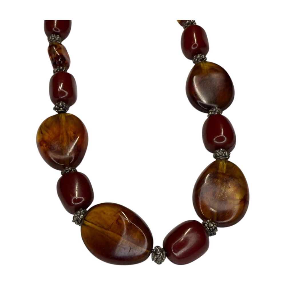 Vintage Beaded Necklace Faux Amber & Red Stones Chunky Boho Statement Jewelry - Picture 6 of 6